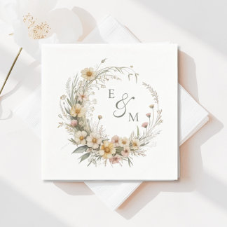 Yellow and Sage Floral Wreath Wedding Napkin