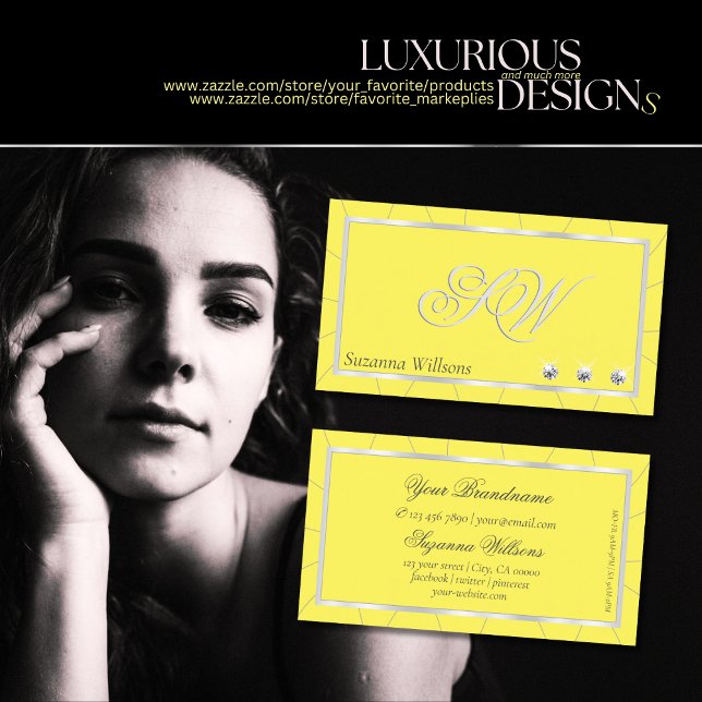 Yellow and Silver Frame with Diamonds & Monogram Business Card (Creator Uploaded)