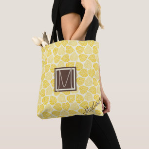 Yellow and Taupe Leaf Natural Trendy Monogram Tote Bag