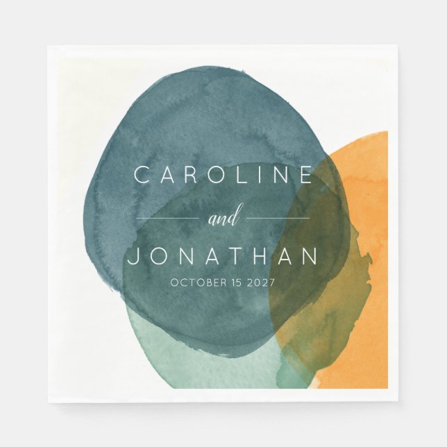 Yellow and Teal Abstract Watercolor Custom Wedding Napkin (Front)