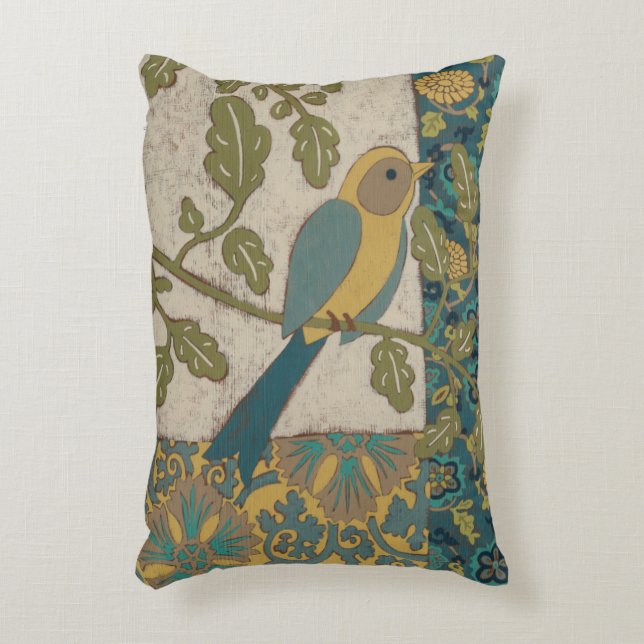 Yellow and Teal Blue Bird Perched on a  Branch Accent Pillow (Front(Vertical))