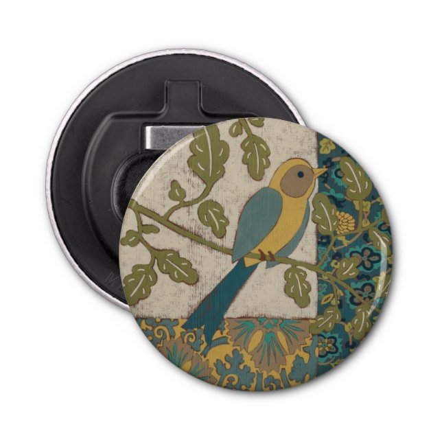 Yellow and Teal Blue Bird Perched on a  Branch Bottle Opener (Front)