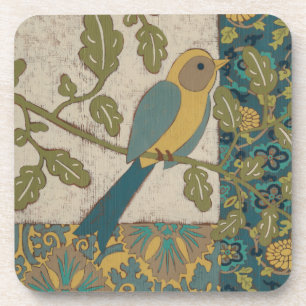 Yellow and Teal Blue Bird Perched on a  Branch Coaster