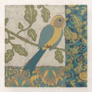 Yellow and Teal Blue Bird Perched on a  Branch Glass Coaster