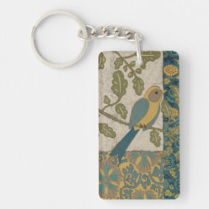 Yellow and Teal Blue Bird Perched on a  Branch Keychain