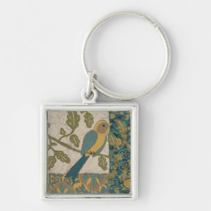 Yellow and Teal Blue Bird Perched on a  Branch Keychain