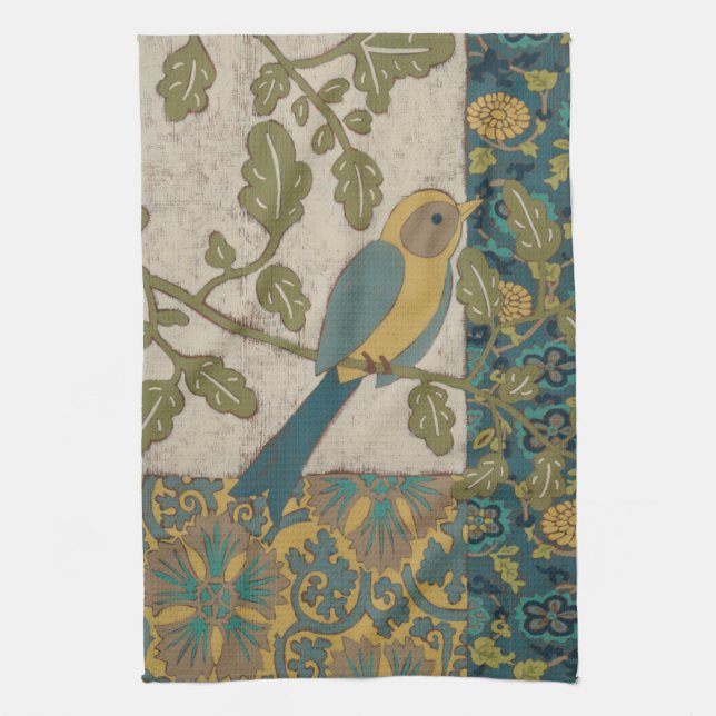 Yellow and Teal Blue Bird Perched on a  Branch Kitchen Towel (Vertical)