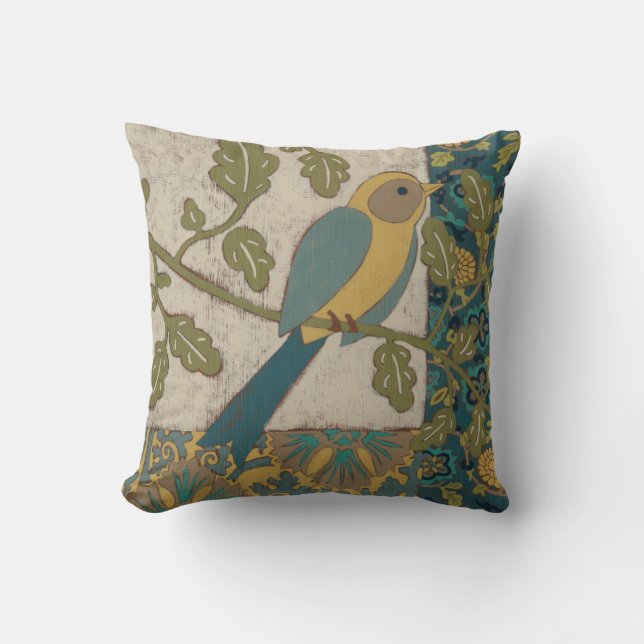 Yellow and Teal Blue Bird Perched on a  Branch Throw Pillow (Front)