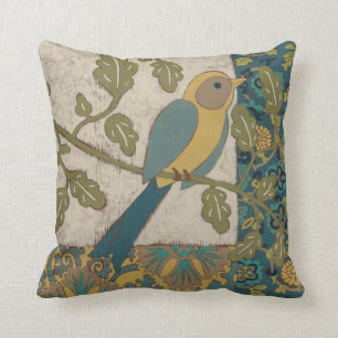 Yellow and Teal Blue Bird Perched on a  Branch Throw Pillow