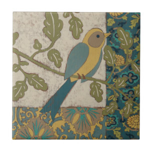 Yellow and Teal Blue Bird Perched on a  Branch Tile