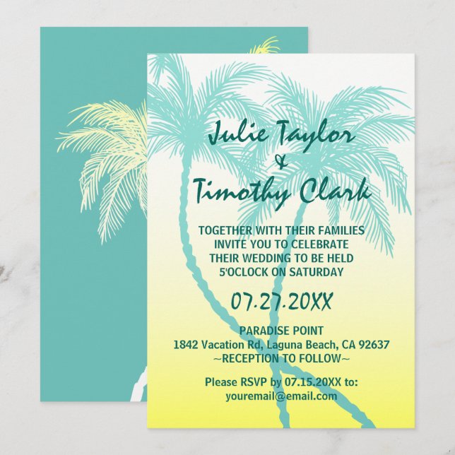 Yellow and Teal Blue Palm Tree Wedding Invitations (Front/Back)