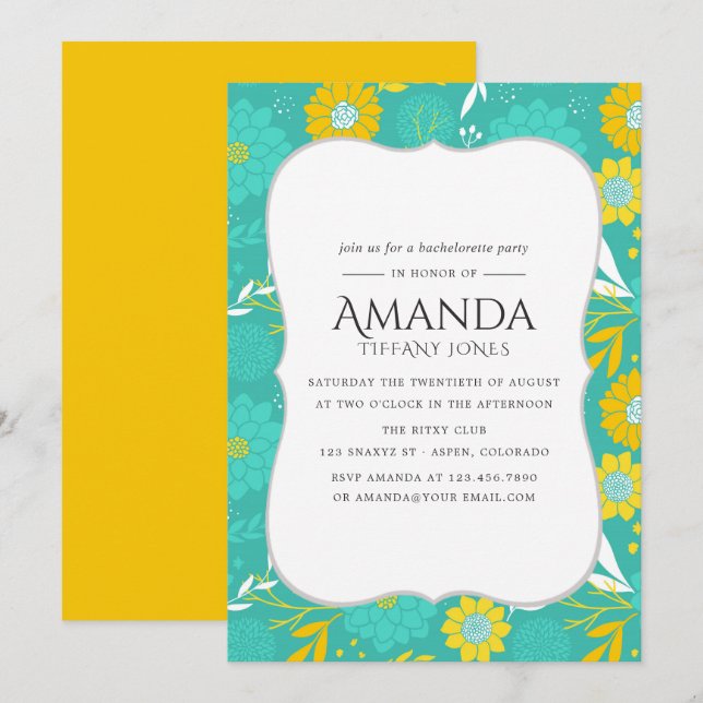 Yellow and Teal Floral Bachelorette Party Invitation (Front/Back)