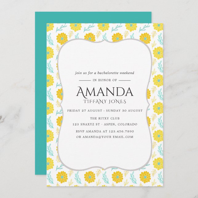 Yellow and Teal Floral Bachelorette Weekend Invitation (Front/Back)