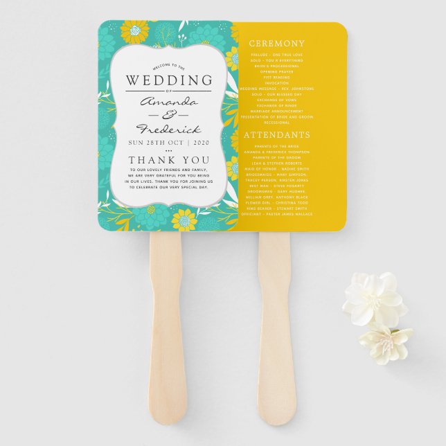Yellow and Teal Floral Wedding Program Hand Fan (Front and Back)