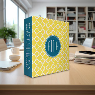 Yellow and Teal Quatrefoil Pattern Custom monogram Binder