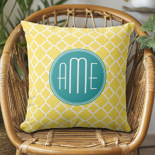 Yellow and Teal Quatrefoil Pattern Custom monogram Throw Pillow