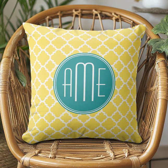 Yellow and Teal Quatrefoil Pattern Custom monogram Throw Pillow (Custom Monogram Pillow)