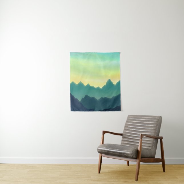 Yellow and Teal Watercolor Mountains Tapestry (In Situ)