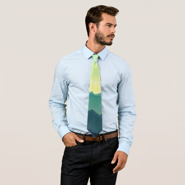 Yellow and Teal Watercolor Mountains Tie (In Situ)