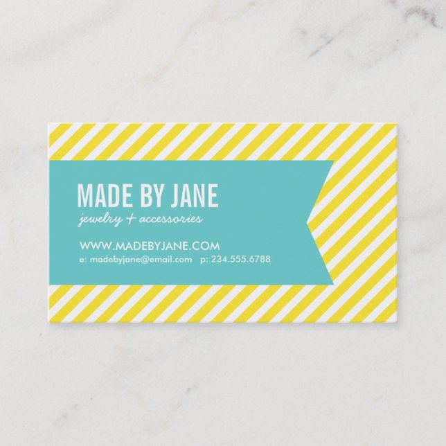 Yellow and Turquoise Modern Stripes & Ribbon Business Card (Front)
