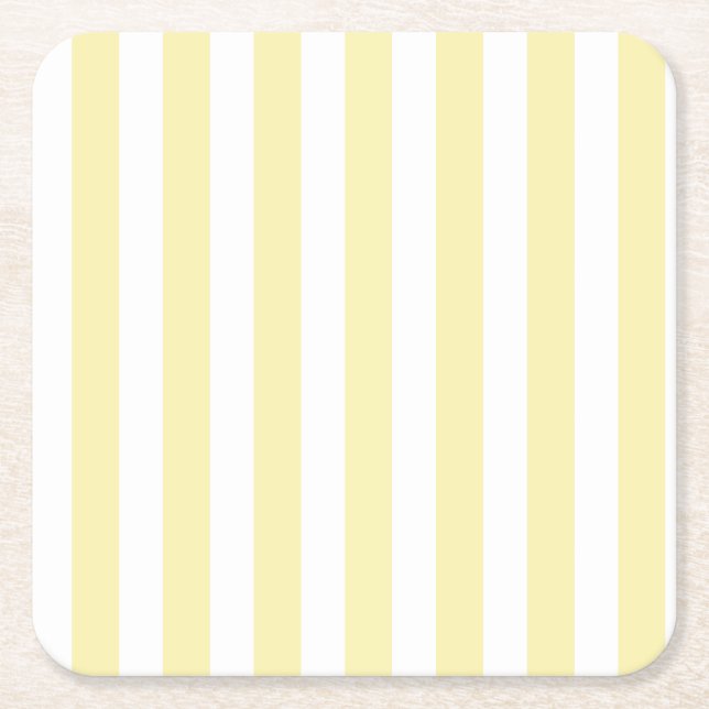 Yellow and white candy stripes square paper coaster (Front)