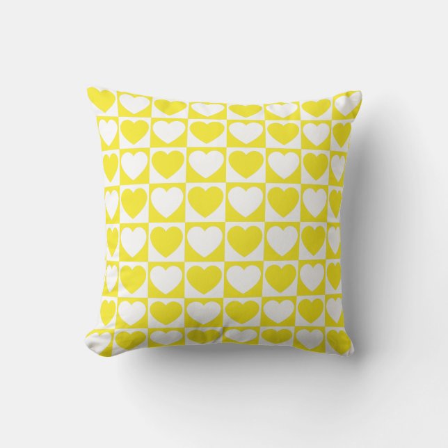 Yellow and White Chequered Pattern With Hearts Throw Pillow (Front)