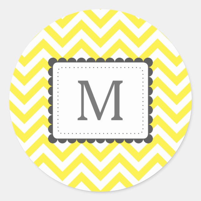 Yellow And White Chevron Custom Monogram Classic Round Sticker (Front)