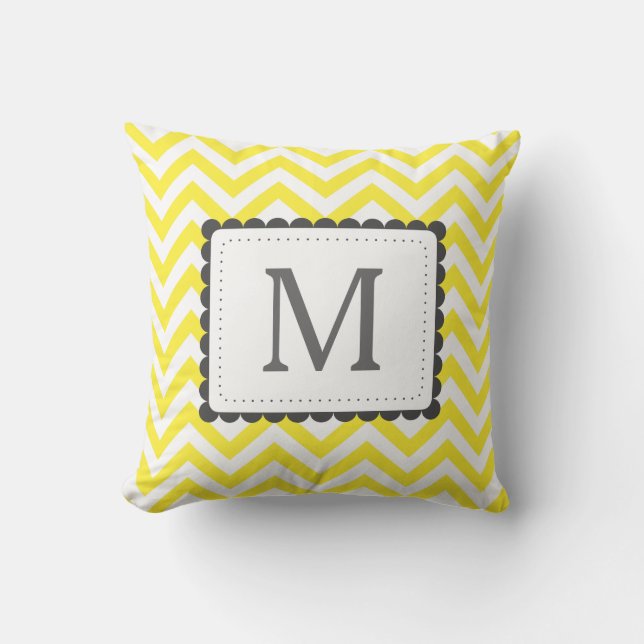 Yellow And White Chevron Custom Monogram Throw Pillow (Front)