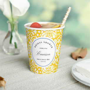 Yellow and White Chic Feminine Damask Pattern  Paper Cups