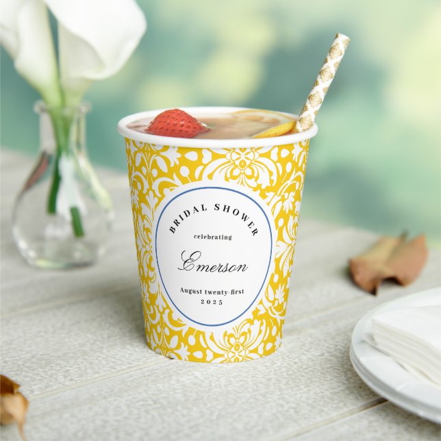 Yellow and White Chic Feminine Damask Pattern  Paper Cups (Insitu)