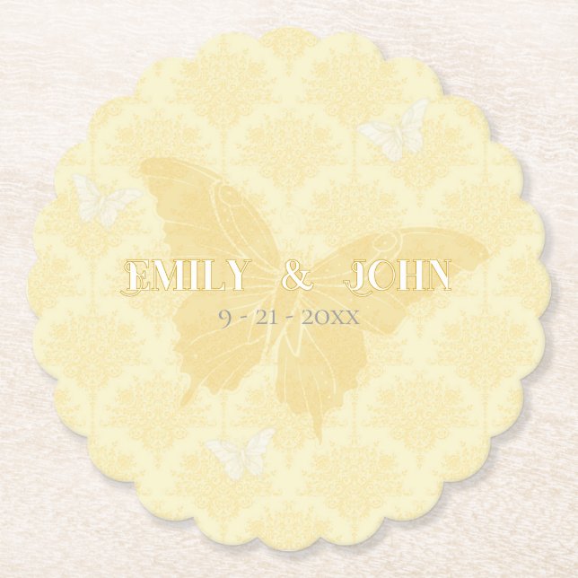 Yellow and White Country Butterflies Wedding Paper Coaster (Front)