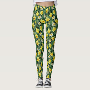Yellow and White Daffodil Flower Seamless Leggings
