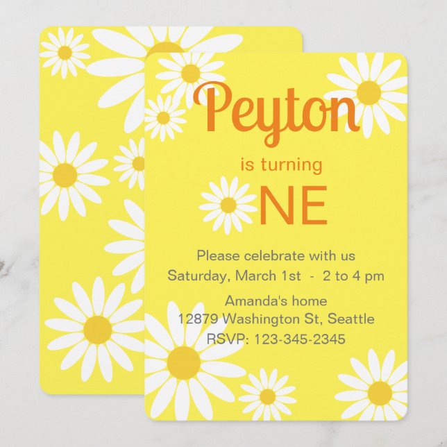 Yellow and White Daisy First Birthday Invitation (Front/Back)