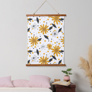 Yellow and White Daisy Pattern with Dark Leaves Hanging Tapestry