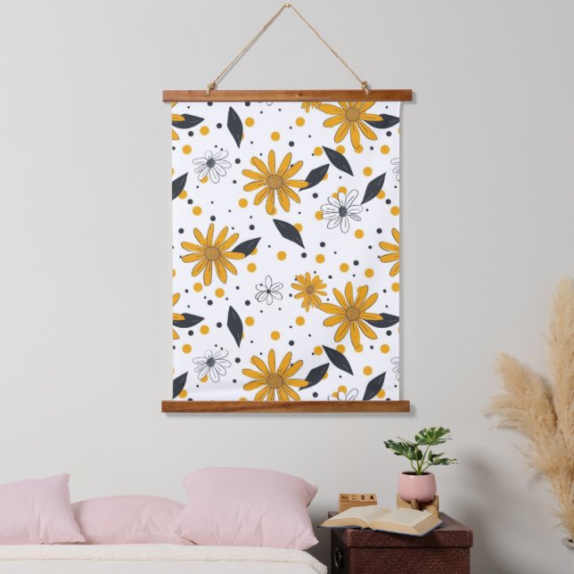 Yellow and White Daisy Pattern with Dark Leaves Hanging Tapestry (Bedroom)