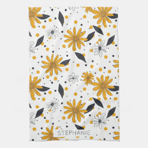 Yellow and White Daisy Pattern with Dark Leaves Kitchen Towel
