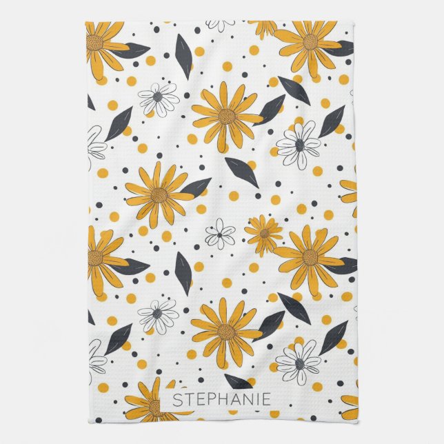 Yellow and White Daisy Pattern with Dark Leaves Kitchen Towel (Vertical)