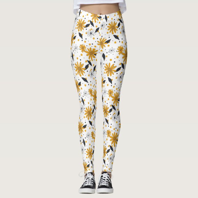 Yellow and White Daisy Pattern with Dark Leaves Leggings (Front)