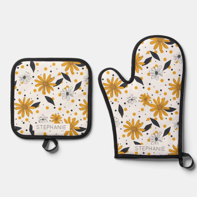 Yellow and White Daisy Pattern with Dark Leaves Oven Mitt & Pot Holder Set (Front)