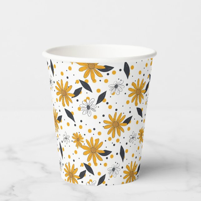 Yellow and White Daisy Pattern with Dark Leaves Paper Cups (Front)