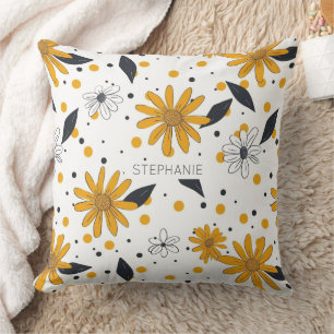 Yellow and White Daisy Pattern with Dark Leaves Throw Pillow