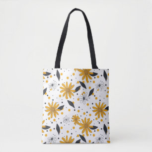 Yellow and White Daisy Pattern with Dark Leaves Tote Bag