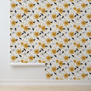 Yellow and White Daisy Pattern with Dark Leaves Wallpaper