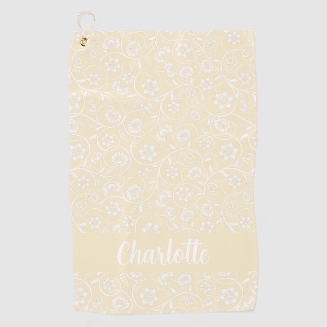 Yellow And White Floral Personalized Name Women Golf Towel (Front)