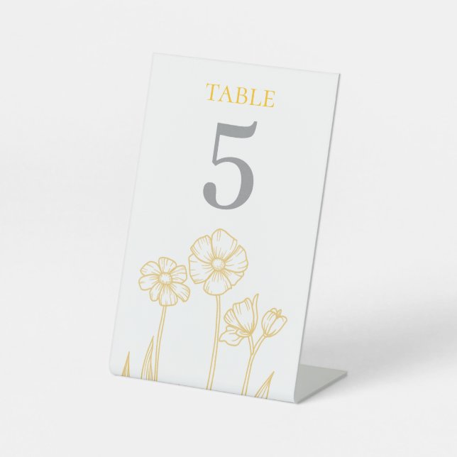 Yellow and White Floral Wedding Table Number Pedestal Sign (Front)