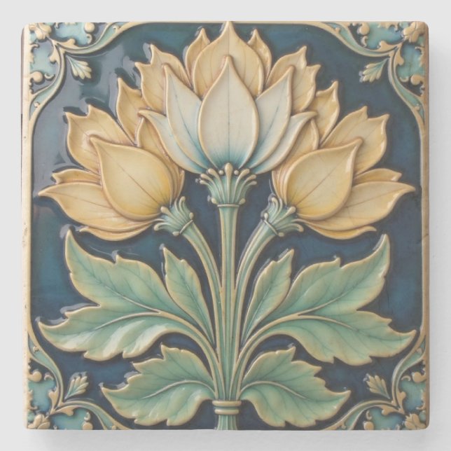 Yellow and White Florals Stone Coaster (Front)