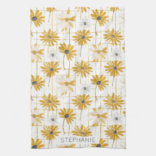 Yellow and White Flowers - Distressed Golden Plaid Kitchen Towel