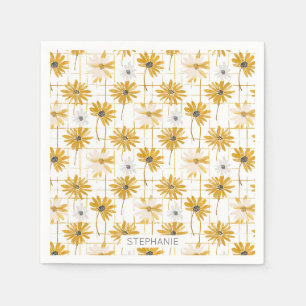 Yellow and White Flowers - Distressed Golden Plaid Napkin