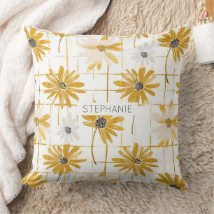 Yellow and White Flowers - Distressed Golden Plaid Throw Pillow