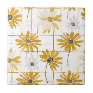 Yellow and White Flowers - Distressed Golden Plaid Tile